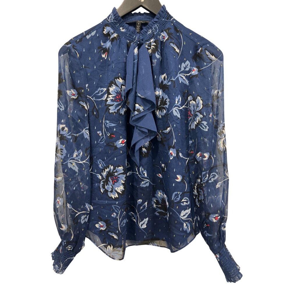 White House Black Market Floral Chiffon Blouse Womens 2 Victorian Bohemian Chic